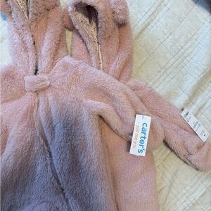 Two Baby Girl Sherpa Long-Sleeve Hooded Jumpsuits - Pink. Perfect for twins